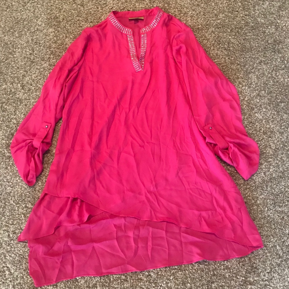 Pink 3/4 Sleeve Long Blouse with V-Neck